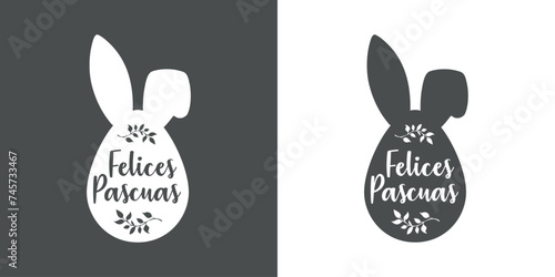 Logo con texto manuscrito Felices Pascuas en español en silueta de huevo con orejas de Conejo de Pascua	