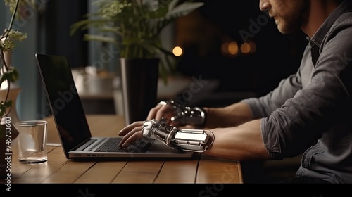 Close-up on Hands: Person with Disability Using Prosthetic Arm to Work on Laptop Computer. Specialist Swift and Natural Use of Thought Controlled Body Powered Myoelectric Bionic Hand photo