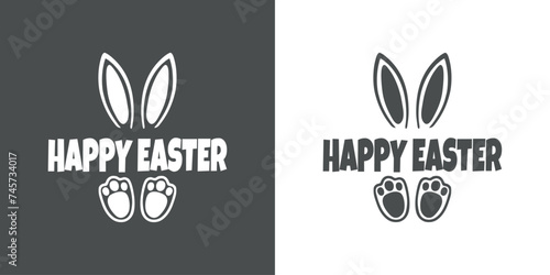 Logo con texto manuscrito Happy Easter con silueta de orejas y patas de Conejo de Pascua