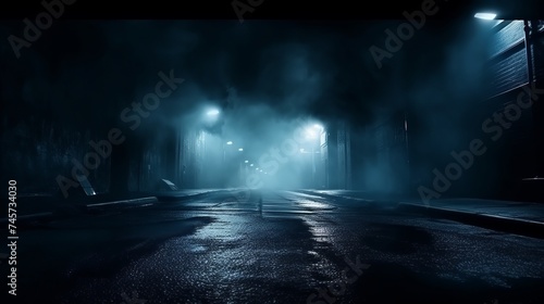 Ciemna ulica, mokry asfalt, odbicia promieni w wodzie. Ciemnoniebieskie tło, dym, smog. Pusta ciemna scena, światło neonowe, reflektory. Betonowa podłoga