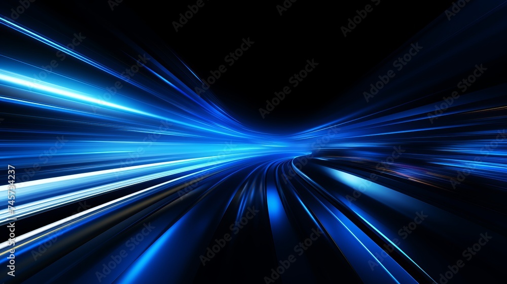 Digitally generated image of blue light and stripes moving fast over black background Digitally generated image of blue light and stripes moving fast over black background