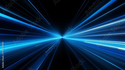 Digitally generated image of blue light and stripes moving fast over black background