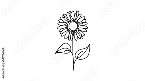 One line sunflower element. Black and white monochrome continuous single line art.