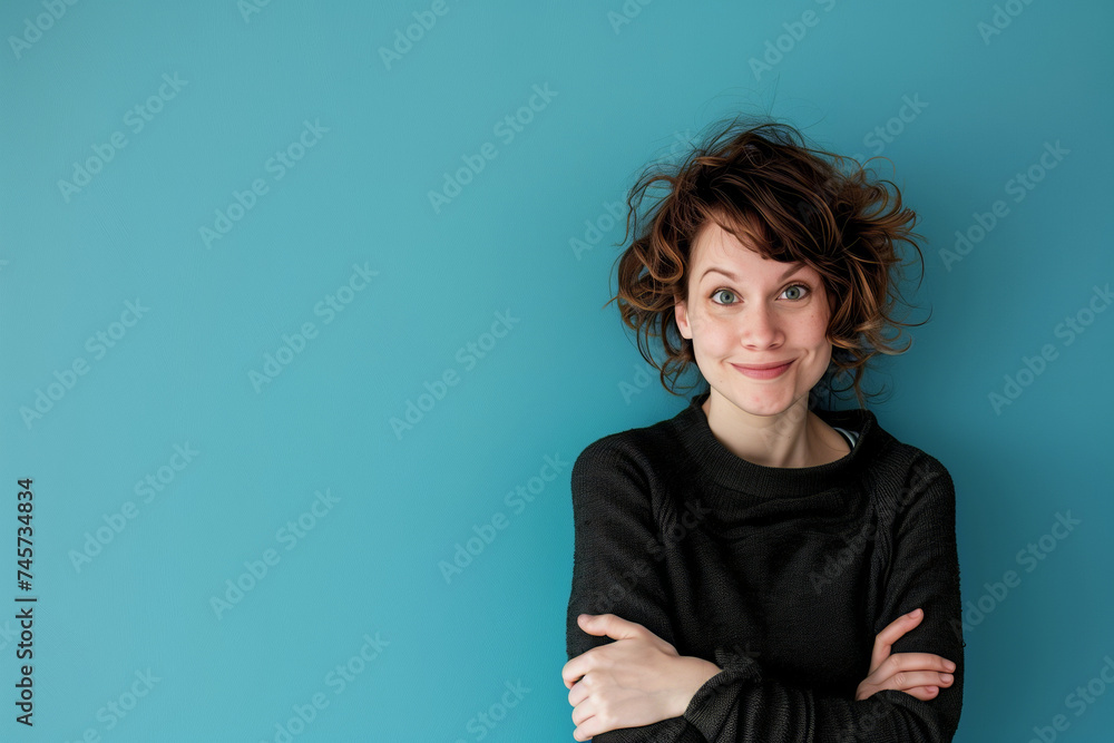 Confident Young Woman with Arms Crossed Smiling Against a Teal Background, Exuding Casual Elegance and Approachability