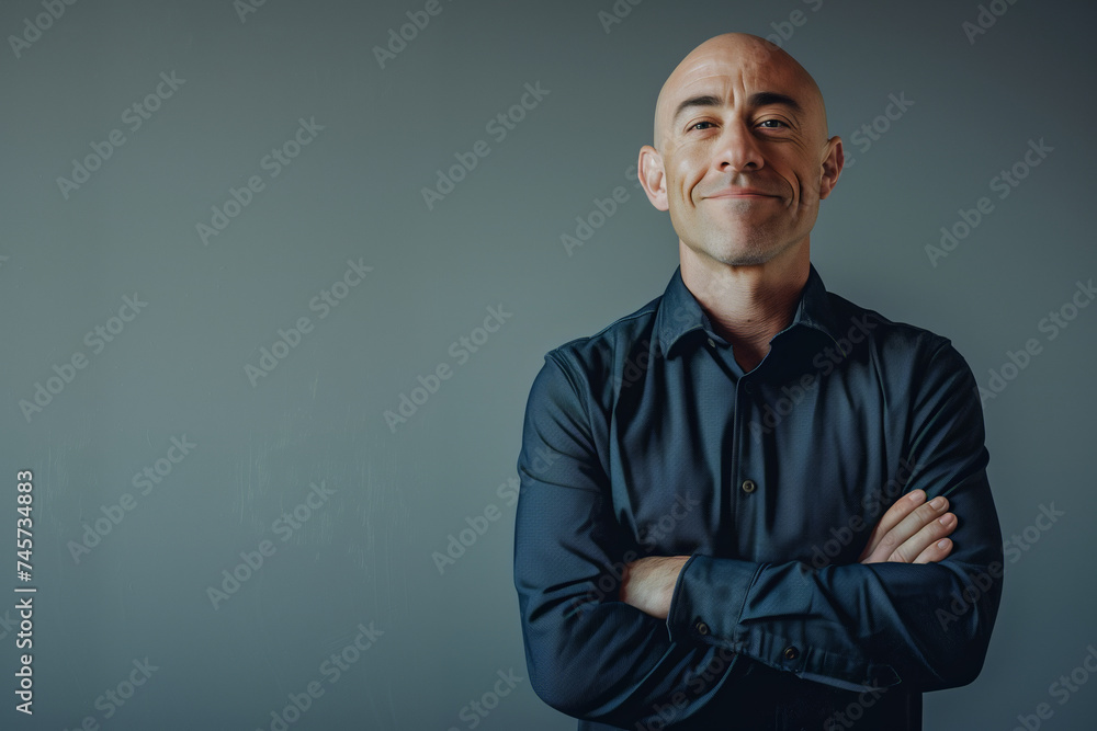 Professional Businessman in Dark Shirt with Confident Smile, Arms Crossed on a Moody Grey Background