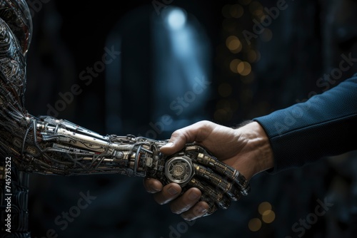 detail of robotic arm and human shaking hands. generative ai