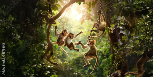 a high-resolution photograph of a family of monkeys swinging through the trees  showcasing their playful antics and agile movements realistic High-resolution