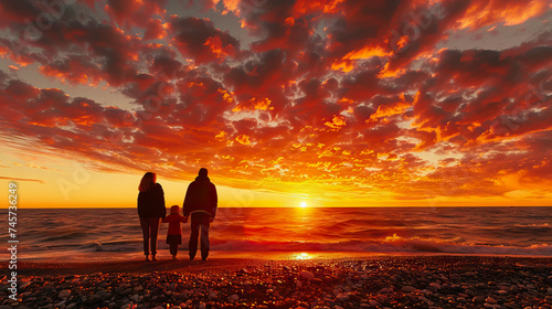 parents and a child, with their backs turned, standing on the beach towards the sunset - AI Generated © Curva Design