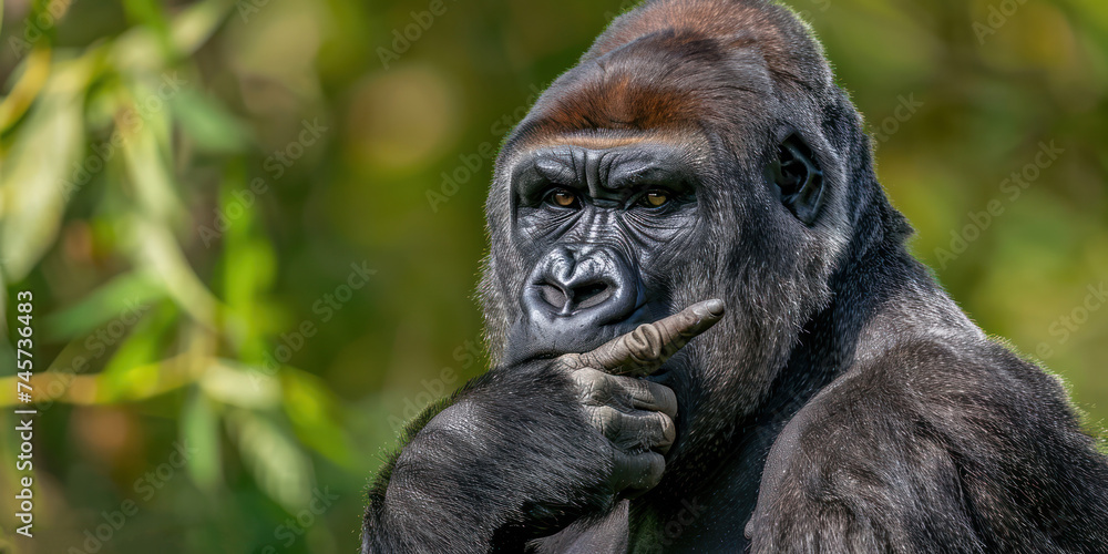 Obraz premium Majestic Funny Gorilla Pensively Contemplating in Lush Green Habitat