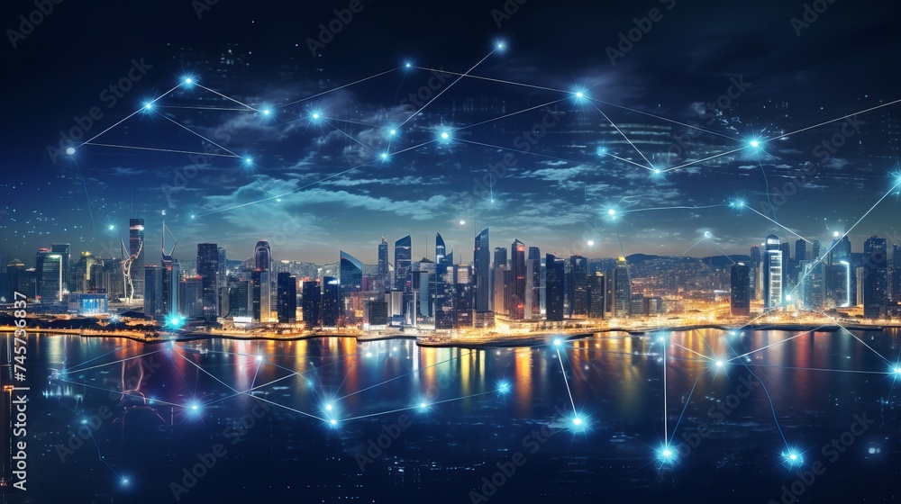 Smart network and Connection technology concept with city background at night, Panorama view