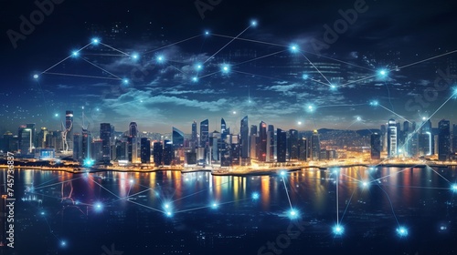 Smart network and Connection technology concept with city background at night  Panorama view