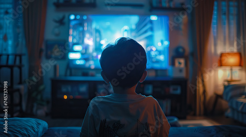 Cute kid boy watching movie on tv at night in the living room - AI Generated