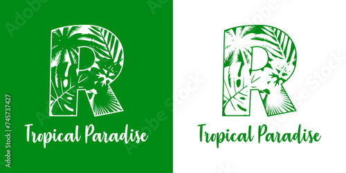 Logo destino de vacaciones. Mensaje Tropical Paradise con letra inicial R con silueta de plantas tropicales