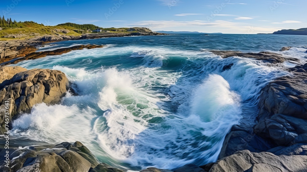 Waves of water of the river and the sea meet each other during high tide and low tide. Whirlpools of the maelstrom of Saltstraumen, Nordland, Norway - obrazy, fototapety, plakaty 