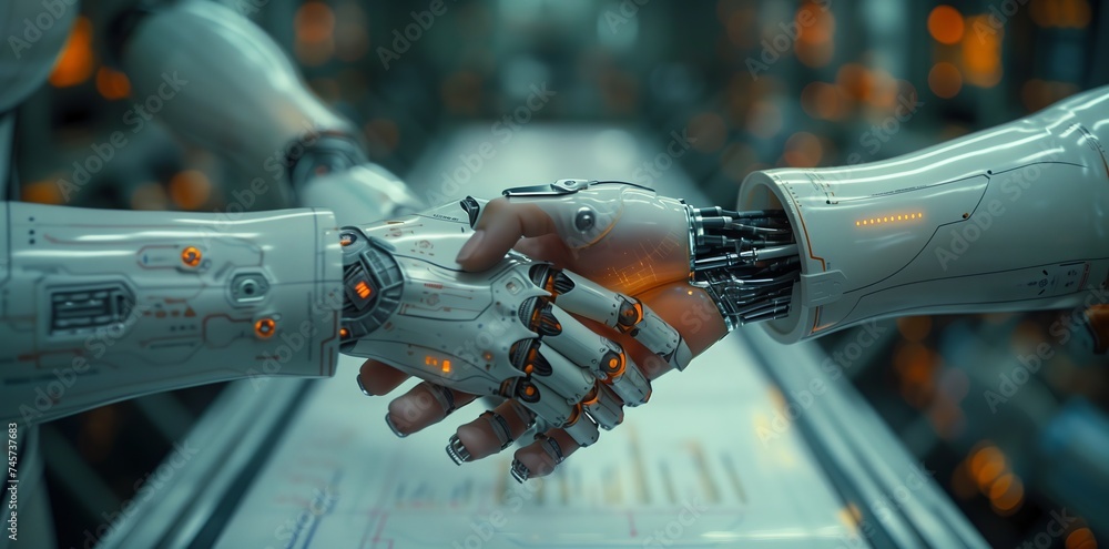 Two engineering robots are shaking hands in a factory setting Two engineering robots are shaking hands in a factory setting