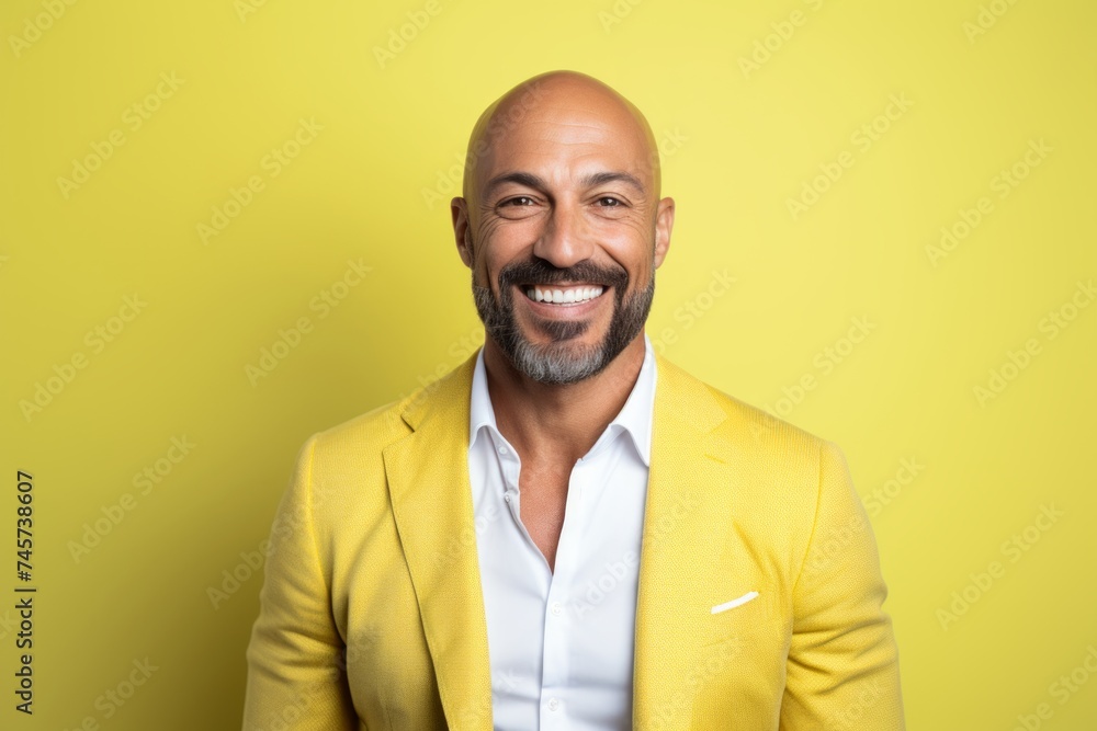 Portrait of happy mature bald man in yellow jacket against yellow background Portrait of happy mature bald man in yellow jacket against yellow background