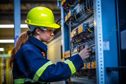 Female commercial electrician at work on a fuse box, adorned in safety gear, demonstrating professionalism.