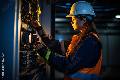 Female commercial electrician at work on a fuse box, adorned in safety gear, demonstrating professionalism.