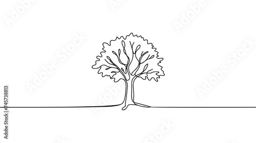 Tree in continuous line art drawing style. Giant and powerful tree black linear design isolated on white background.