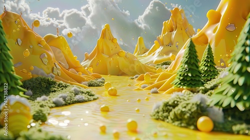 Cheese Melt Wonderland - A whimsical 3D render of a wonderland where hills and valleys are made of melting cheese, populated by creatures enjoying the cheesy delight