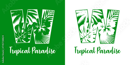 Logo destino de vacaciones. Mensaje Tropical Paradise con letra inicial W con silueta de plantas tropicales