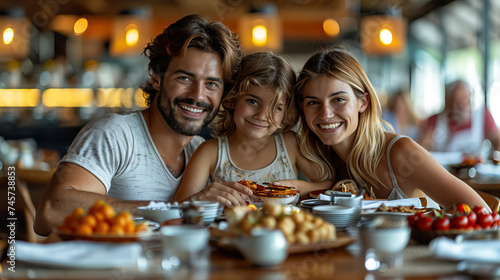 American family dining at a buffet restaurant in a bright environment - AI Generated
