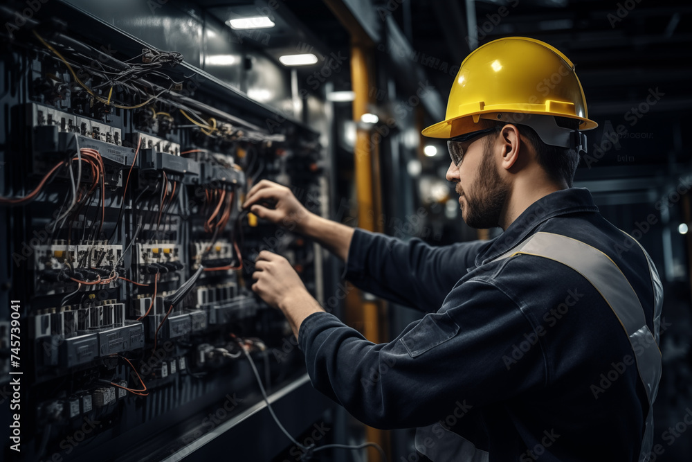 Male commercial electrician at work on a fuse box, adorned in safety gear, demonstrating professionalism Male commercial electrician at work on a fuse box, adorned in safety gear, demonstrating professionalism