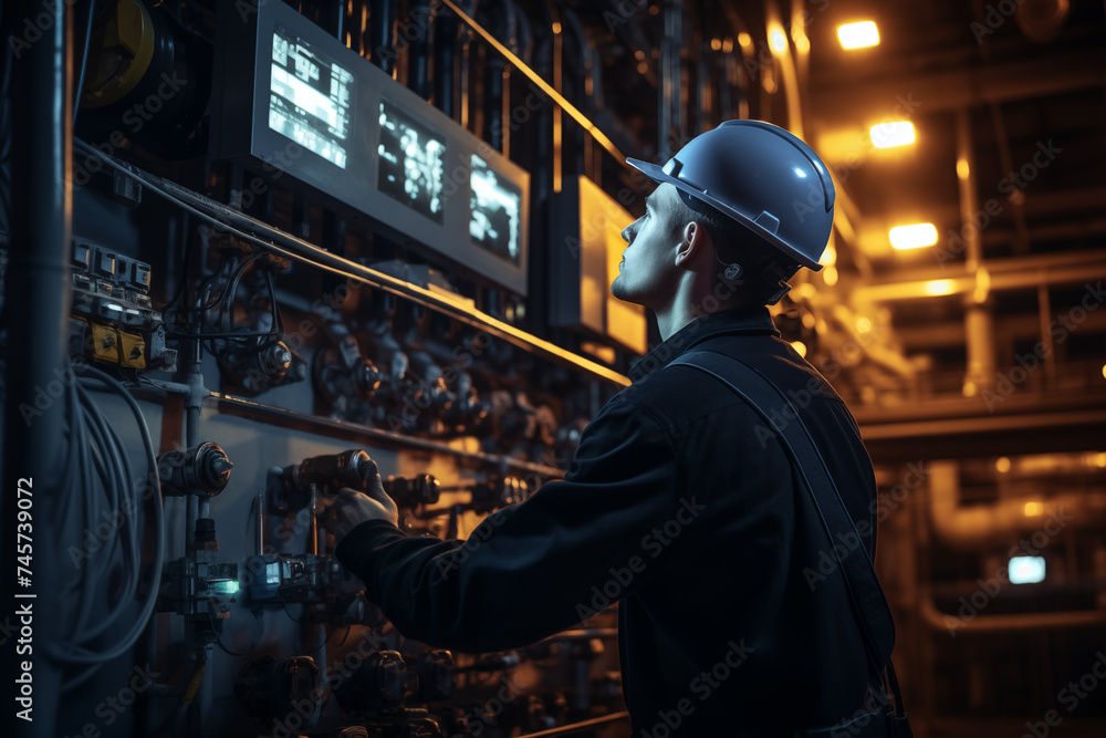 Male commercial electrician at work on a fuse box, adorned in safety gear, demonstrating professionalism Male commercial electrician at work on a fuse box, adorned in safety gear, demonstrating professionalism