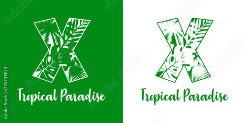 Logo destino de vacaciones. Mensaje Tropical Paradise con letra inicial X con silueta de plantas tropicales
