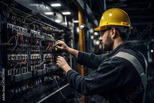 Male commercial electrician at work on a fuse box, adorned in safety gear, demonstrating professionalism