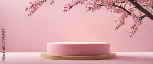 Empty round podium for product display on pink banner with cherry blossoms
