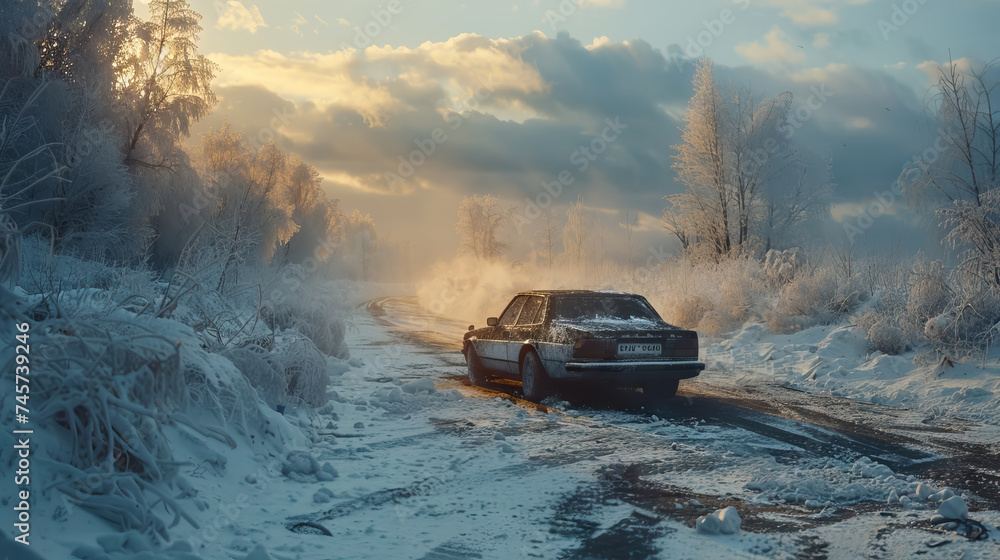 Dangerous driving in winter, icy highway - AI Generated Dangerous driving in winter, icy highway - AI Generated