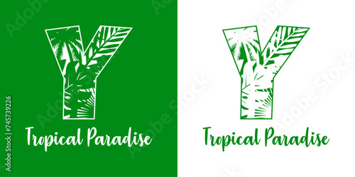 Logo destino de vacaciones. Mensaje Tropical Paradise con letra inicial Y con silueta de plantas tropicales