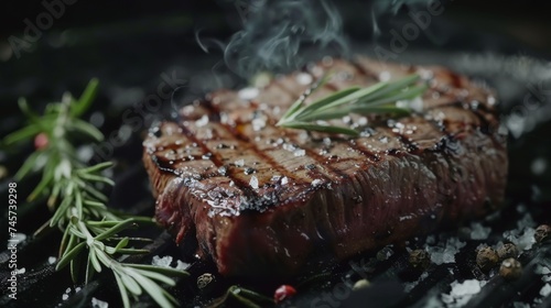 Grilled ribeye beef steak with rosemary and salt on dark grill.