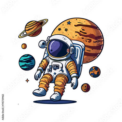 Astronaut in a space suit is flying in space next to planets and stars. Vector illustration EPS 10