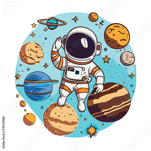 Astronaut in a space suit is flying in space next to planets and stars. Vector illustration EPS 10