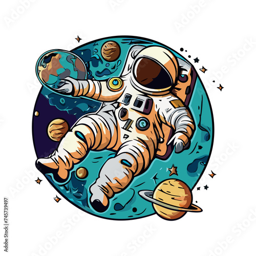 Astronaut in a space suit is flying in space next to planets and stars. Vector illustration EPS 10