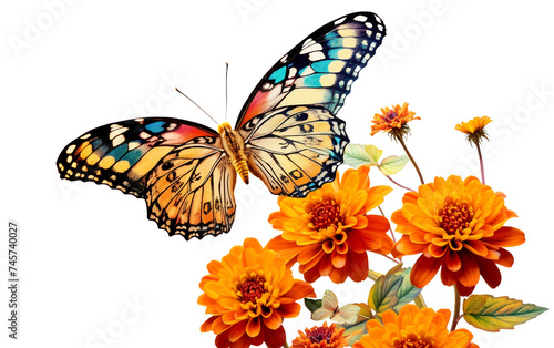 Butterfly Sipping Nectar from a Blooming Flower with its Proboscis Isolated on Transparent Background PNG.