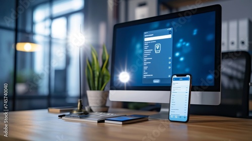 A dynamic, close up shot of a computer screen and a smartphone side by side on a clean, modern desk. The computer displays a login prompt, while the smartphone shows a 2FA code