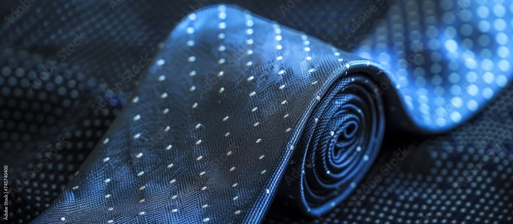 Close up of fancy blue tie on dark suit background. Generated AI image - obrazy, fototapety, plakaty 