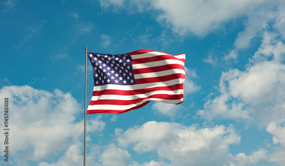 Flag United States against cloudy sky. Country, nation, union, banner, government, american culture, politics. 3D illustration