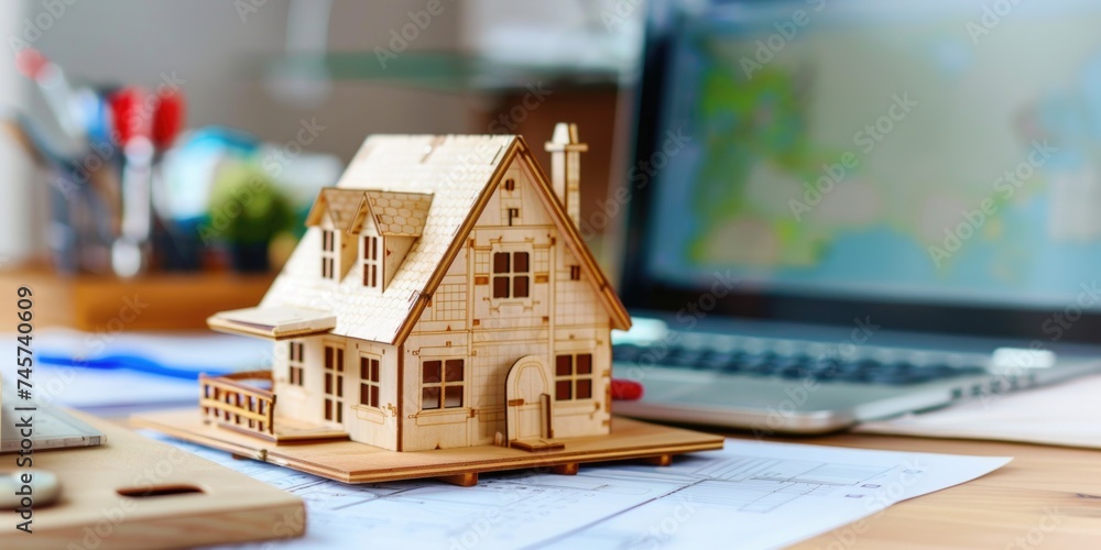 Wooden model of a house on a table with drawings and house layout. Home construction and real estate concept.