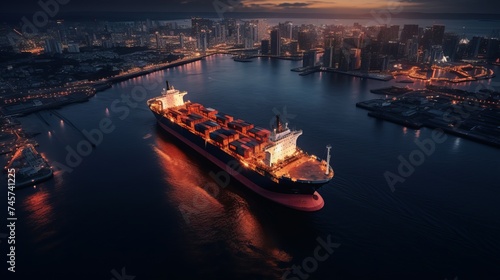 Aerial view oil and gas tanker cargo ship offshore at the port at night, Industry refinery fuel chemical import export business logistic and transportation photo