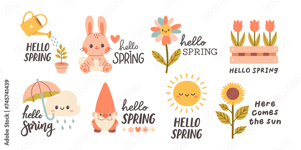 Hello spring quotes set. Floral springtime hand drawn prints design. Positive phrases for stickers, postcards or posters Hello spring quotes set. Floral springtime hand drawn prints design. Positive phrases for stickers, postcards or posters