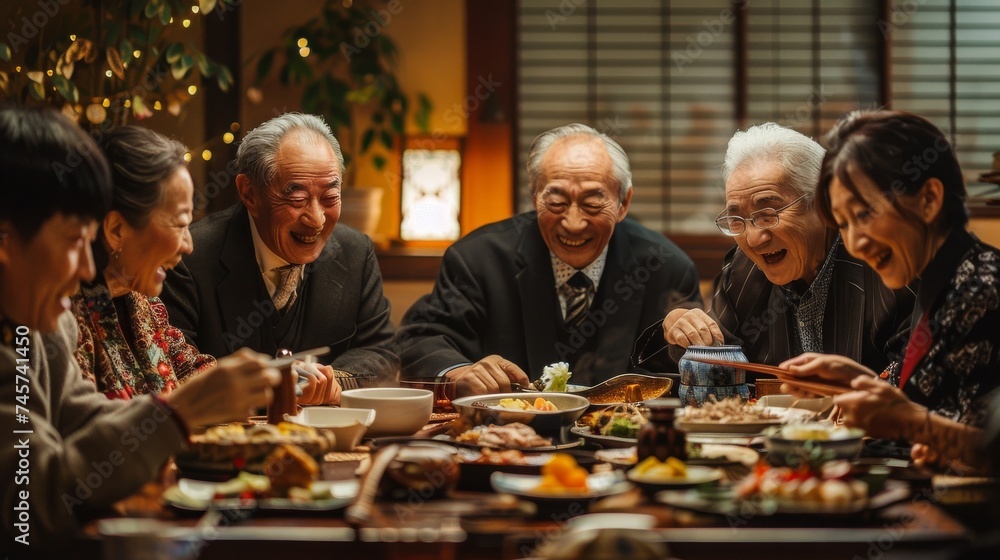 A traditional New Year's Eve dinner in Japan with all generations. A traditional New Year's Eve dinner in Japan with all generations.