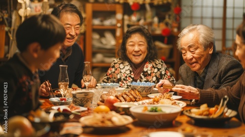 A traditional New Year's Eve dinner in Japan with all generations.