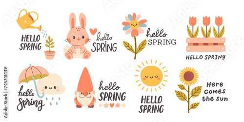 Hello spring quotes set. Floral springtime hand drawn prints design. Positive phrases for stickers, postcards or posters