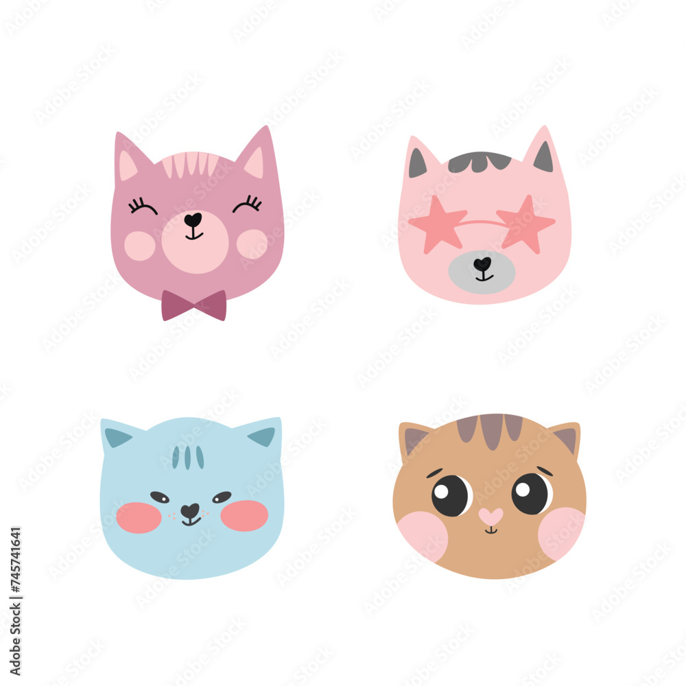 Different cute cartoon cats set, cat with the bow tie, cat with sunglasses. Vector illustration