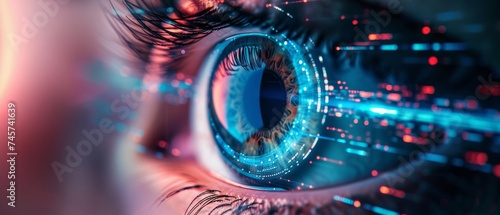 Digital surveillance and ID verification, with the eye sharply in focus against a subtly blurred background. Holographic elements should be futuristic.