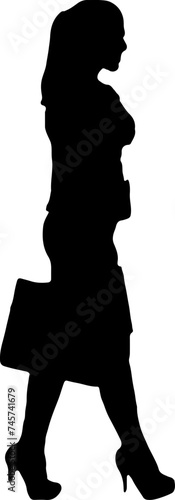 Silhouette of a woman carrying a bag and walking to the workplace.